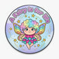 Round pinback button with colorful fairy graphic and text, purple rim