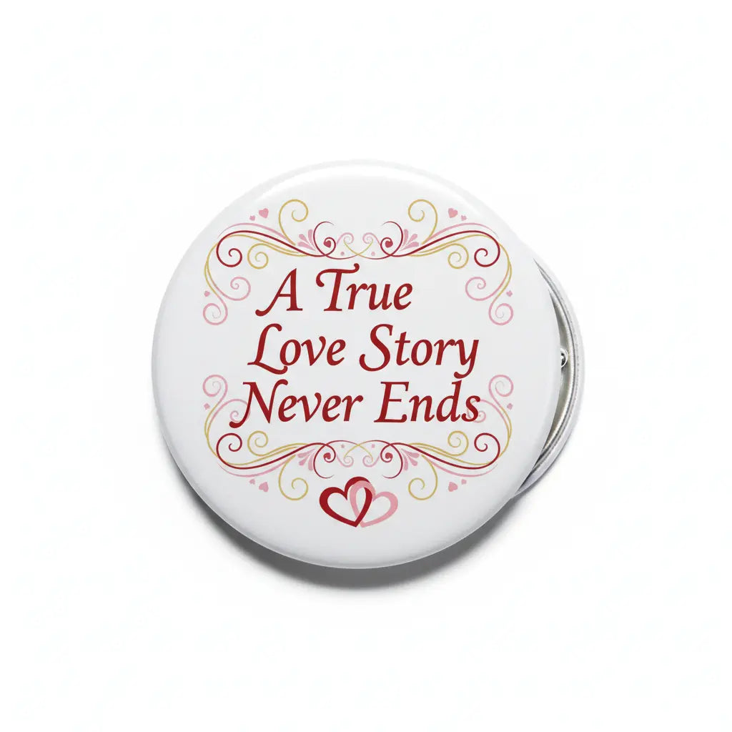 Pinback button with white face, ornate red heart script reading 'A True Love Story Never Ends'