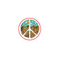 Round pinback badge with red border and green peace symbol over patterned birds