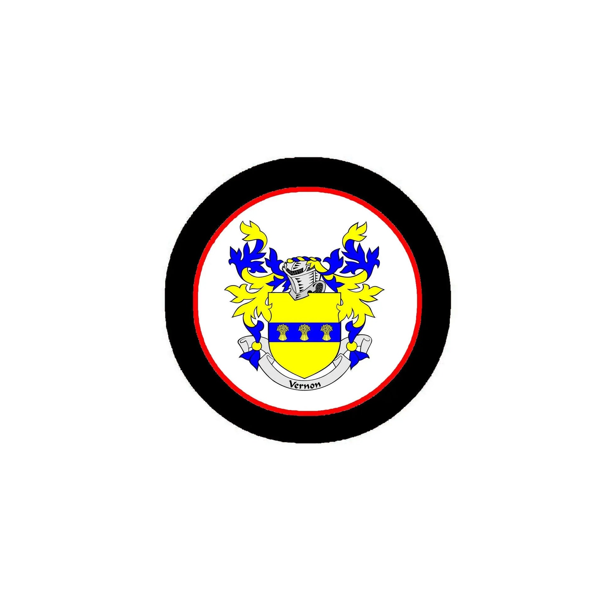 Round enamel family crest pinback badge with black border and blue-yellow coat of arms