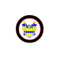 Round enamel family crest pinback badge with black border and blue-yellow coat of arms