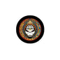 Round pinback badge fan with colorful skull-faced band graphic in black border
