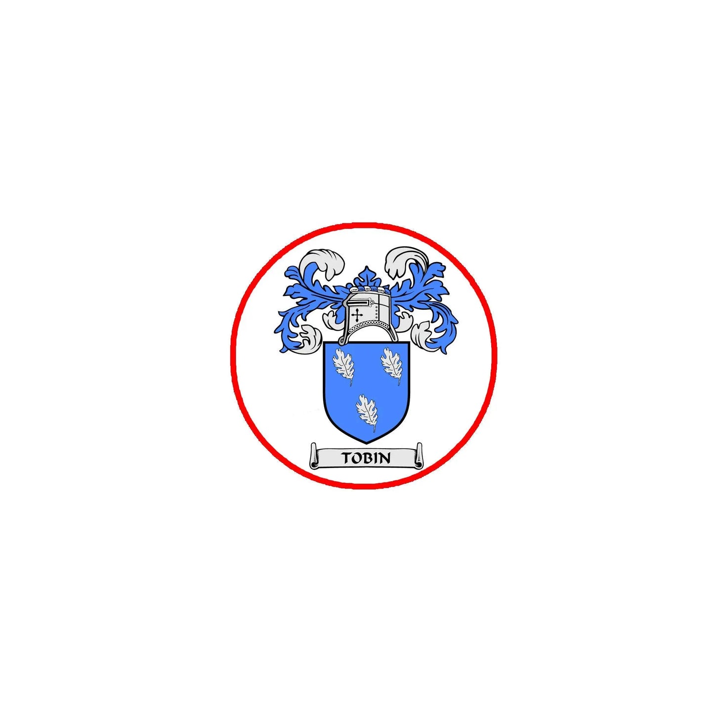 Round pinback badge with red rim and blue coat of arms on white
