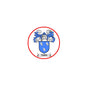 Round pinback badge with red rim and blue coat of arms on white