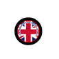 Round 2.25-inch pinback button with Union Jack, red cross, and black border text