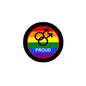 2.25-inch rainbow gender pride pinback, black rim, PROUD text, male symbol icon