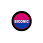 Round badge pinback brooch with black border, pink and blue halves, BICONIC text