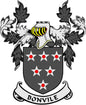 Bonvile family crest arms magnet with gray shield and red stars, black ornamental border