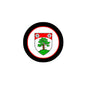 3-inch circular coat arms magnet with black border and red-white shield with tree
