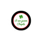 2.25-inch pinback button badge, black rim, green shamrock and 'I see green People' text