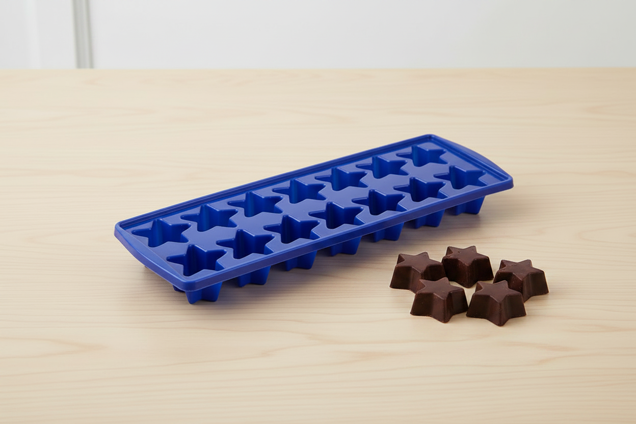 A blue silicone mold tray with star-shaped cavities sits on a light wood tabletop, with several small brown star-shaped chocolates placed beside it.