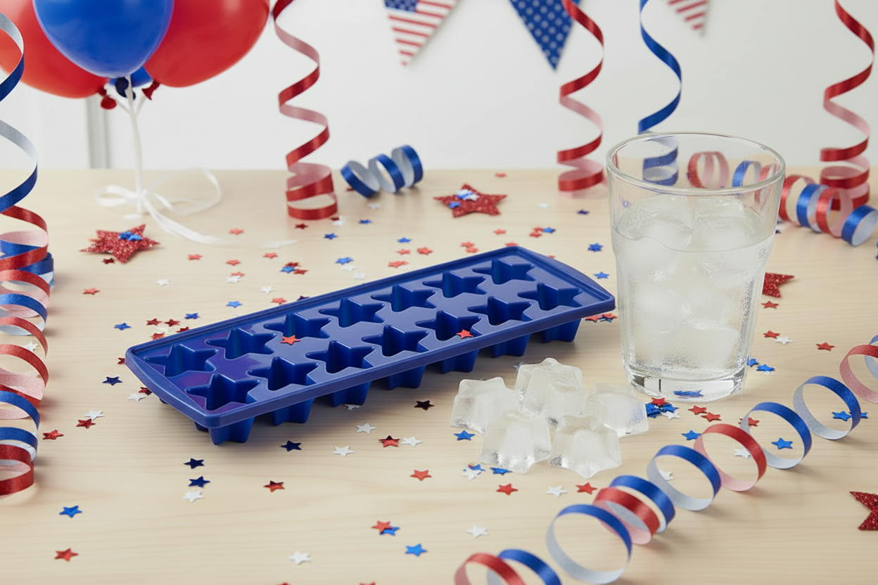 Blue silicone ice cube tray with star-shaped cavities, with a few ice cubes