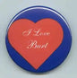 Round pinback button with blue border, red heart, and 'I Love Burt' text