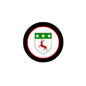 Circular coat-of-arms magnet with black edge, red deer shield and green stars