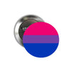 Round bisexual pride pinback button with pink, purple, and blue flag stripes