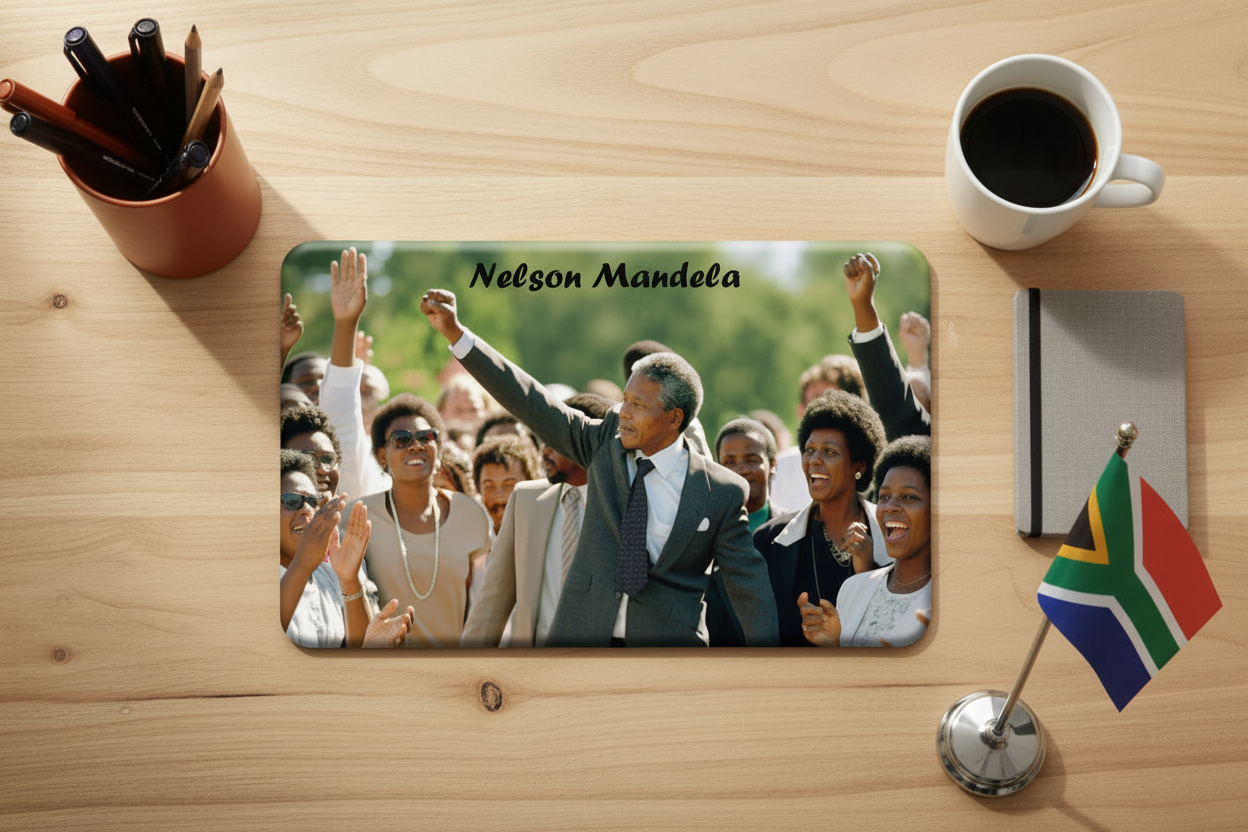 Top-view rectangular mouse pad with Nelson Mandela portrait and crowd photo