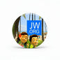Round JW.ORG button pin with blue logo and cartoon faces