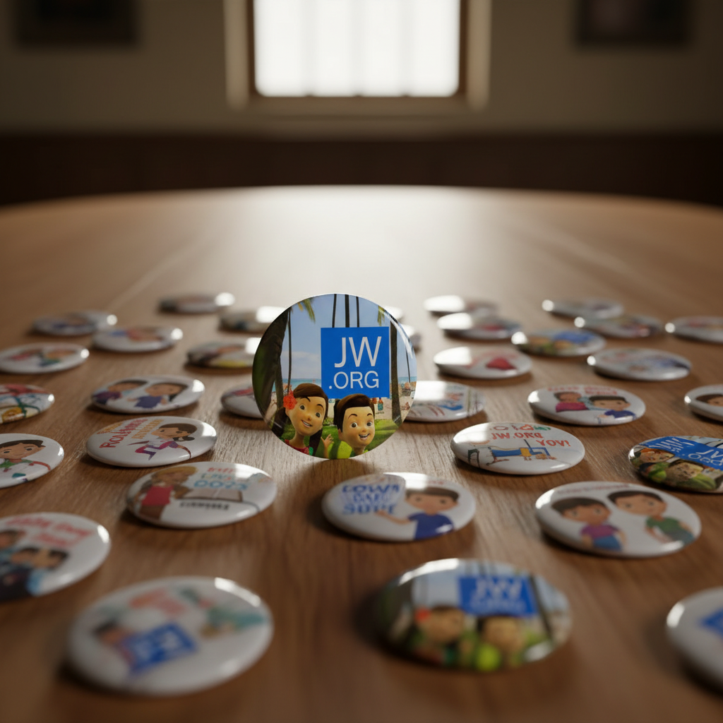 JW.org pinback badge set of 10, round buttons with Caleb and Sophia and blue JW.ORG logo