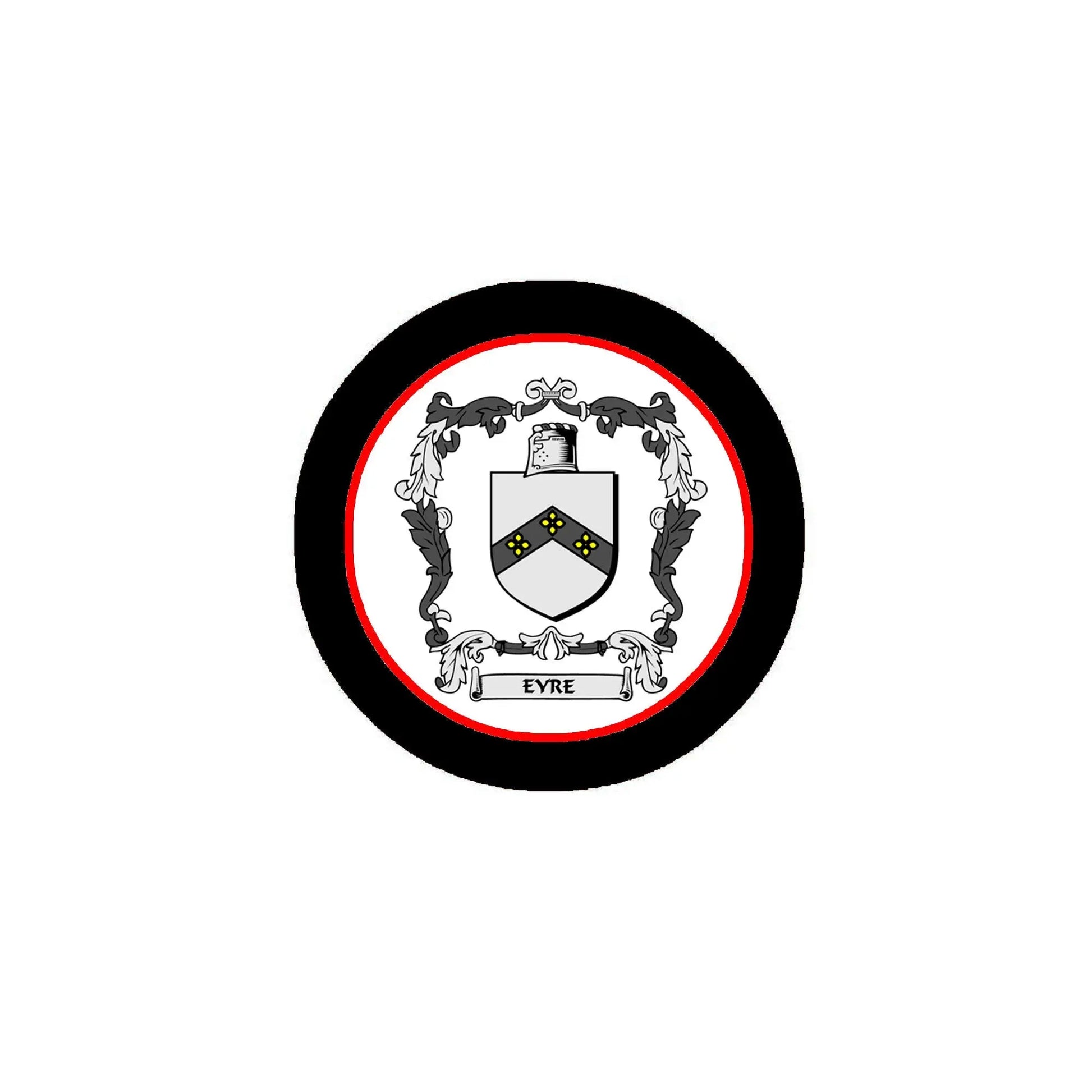 Round coat of arms pinback with black border, red ring, and detailed shield crest