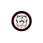 Round coat of arms pinback with black border, red ring, and detailed shield crest