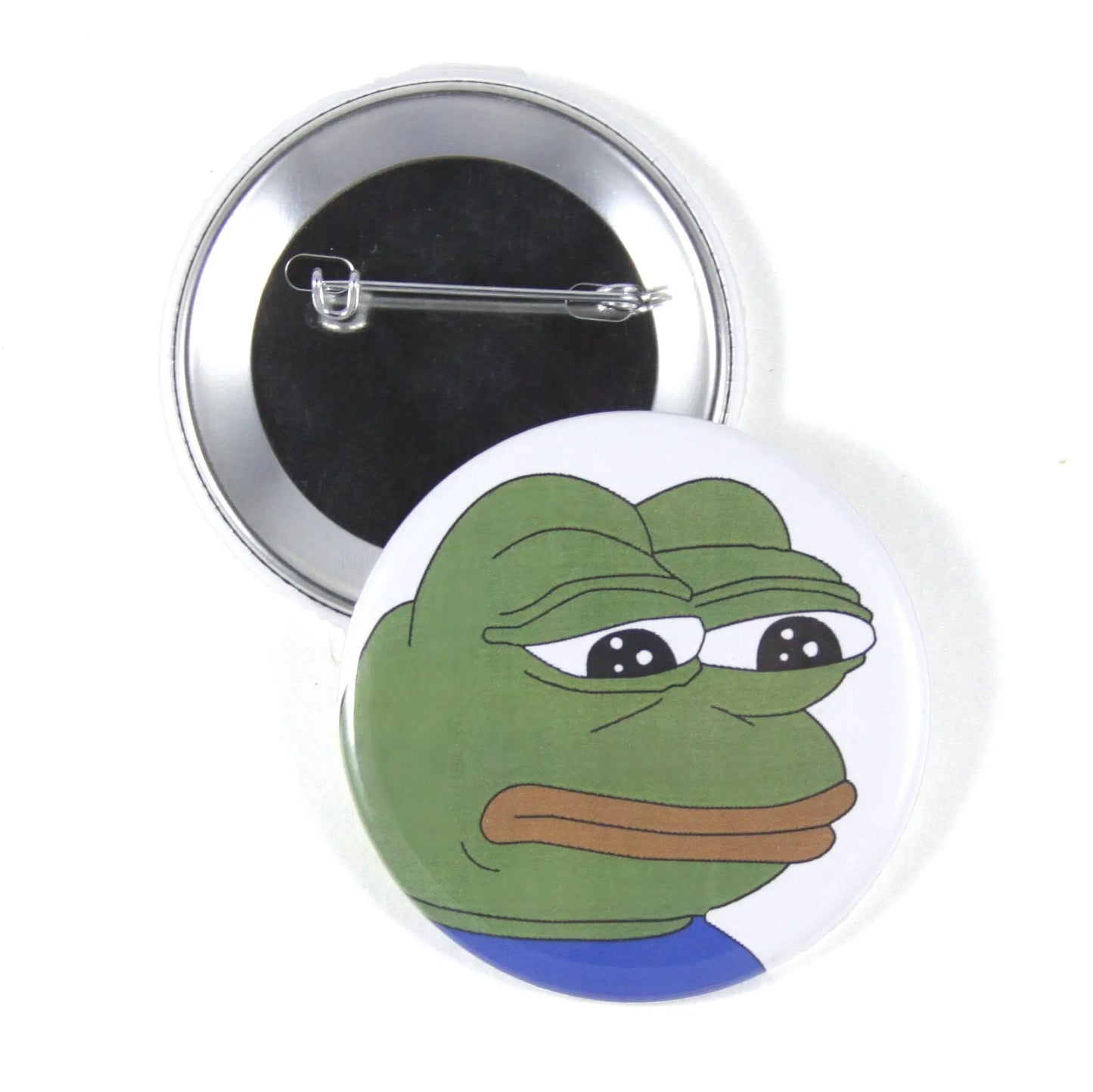 InstaButtons Pepe the Frog pinback button, green sad face with big white eyes