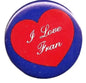 Red heart pinback button with white script 'I Love Fran' on blue border