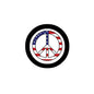USA flag peace and love enamel pin, round design with peace sign, stars, and stripes