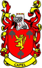 Family crest coat of arms magnet with red shield, yellow lion, and CAPEL banner