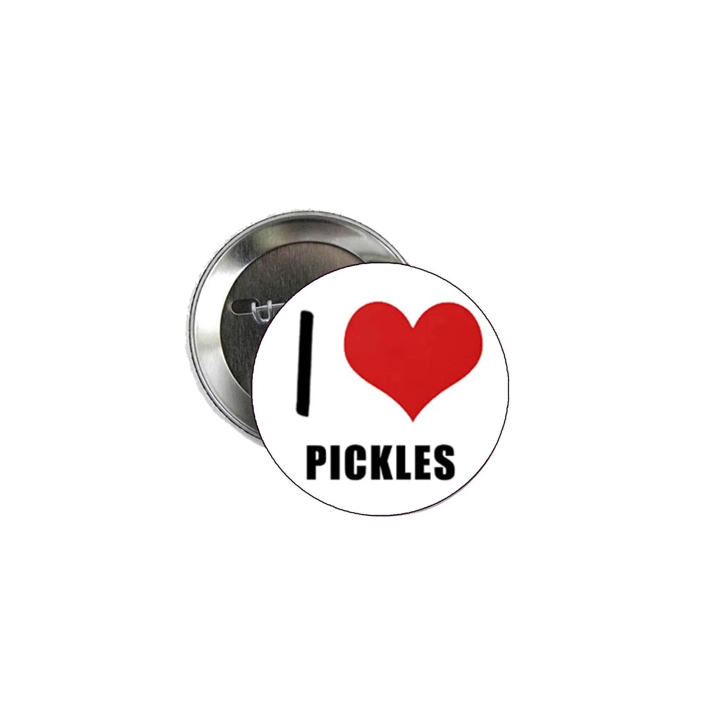 White pinback badge with red heart reading I ♥ PICKLES