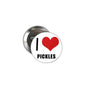 White pinback badge with red heart reading I ♥ PICKLES