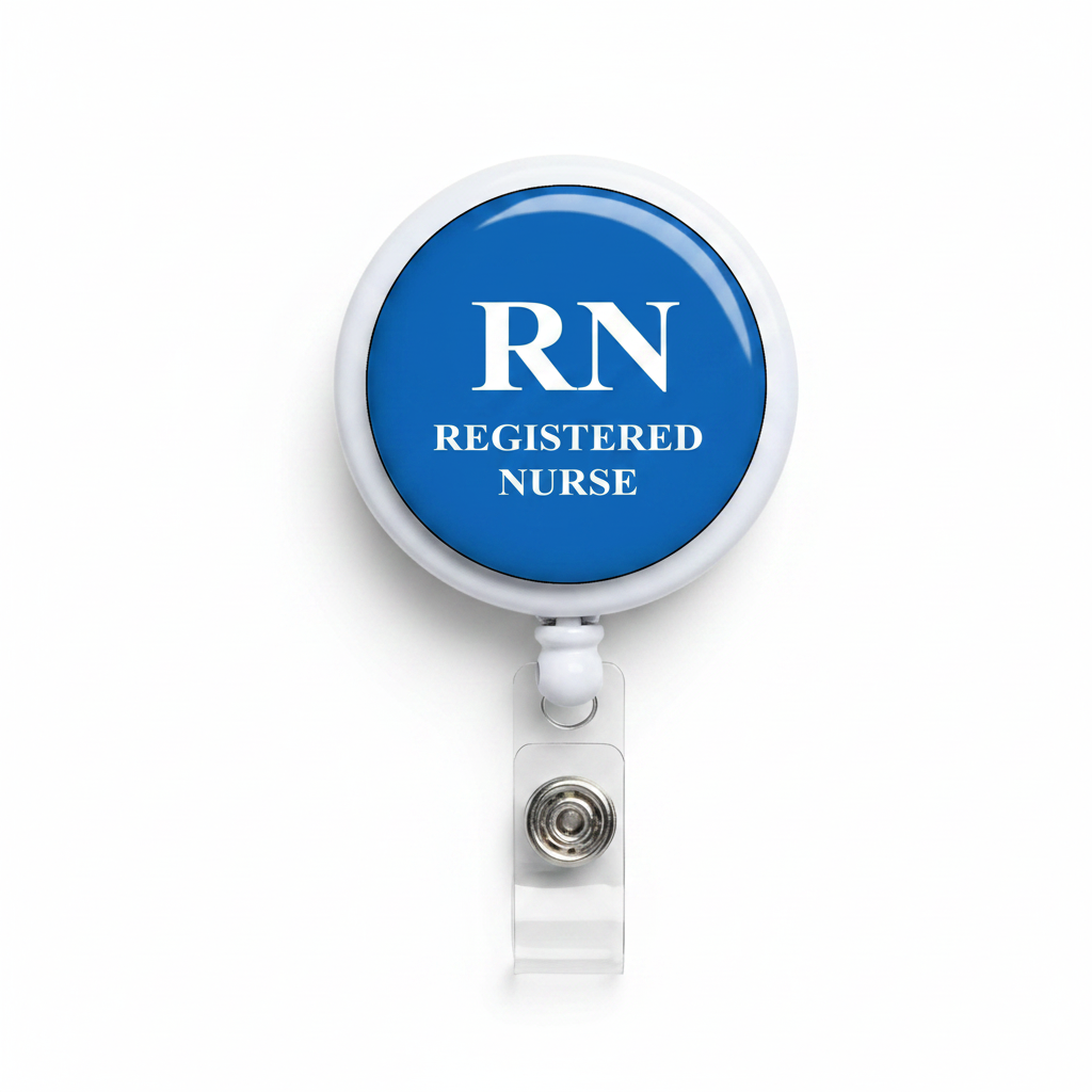 Retractable RN nurse badge reel with blue circular badge and white clip