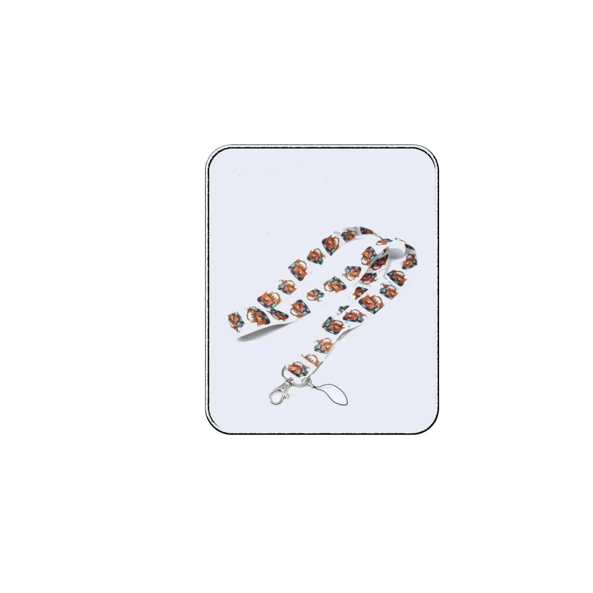 Brown-and-white themed lanyard with phone string and metal clasp