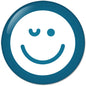 Teal and white smiley face pinback button with curved grin and dot eyes