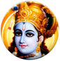 Hindu deity pinback button with blue face, ornate gold headdress, and red detailing