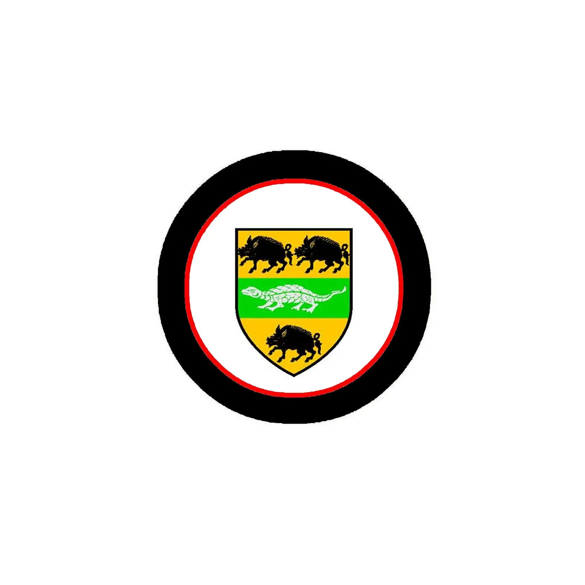 Round arms crest magnet with black rim, red ring, and shield with horse silhouettes