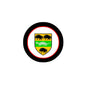 Round arms crest magnet with black rim, red ring, and shield with horse silhouettes