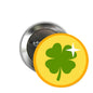 Round clover pinback button, yellow face with green four-leaf design and silver back pin
