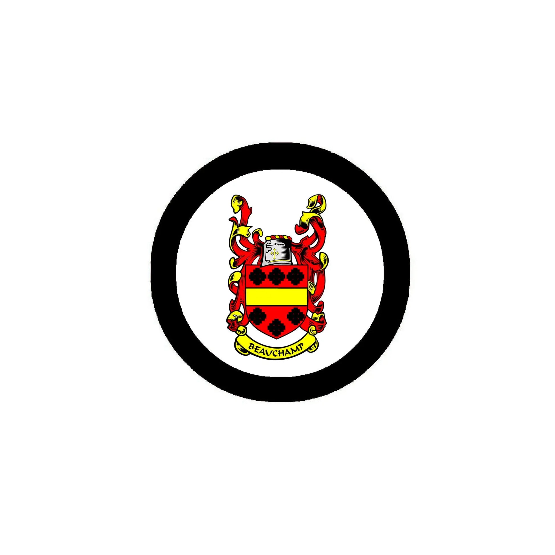 Round coat of arms fridge pinback with black border and colorful Beauchamp crest