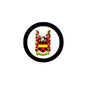 Round coat of arms fridge pinback with black border and colorful Beauchamp crest