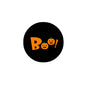 Black Halloween pinback badge with orange 'Boo!' and jack-o-lantern icons