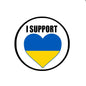 Circular I SUPPORT pinback badge with blue-and-yellow heart design