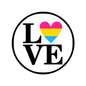 Pansexual love heart pinback button with rainbow flag heart and bold LOVE lettering