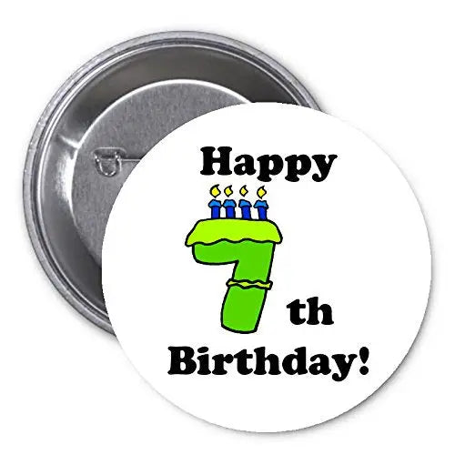 Happy 7th Birthday pinback button with green cake, “Happy 7th Birthday!” text