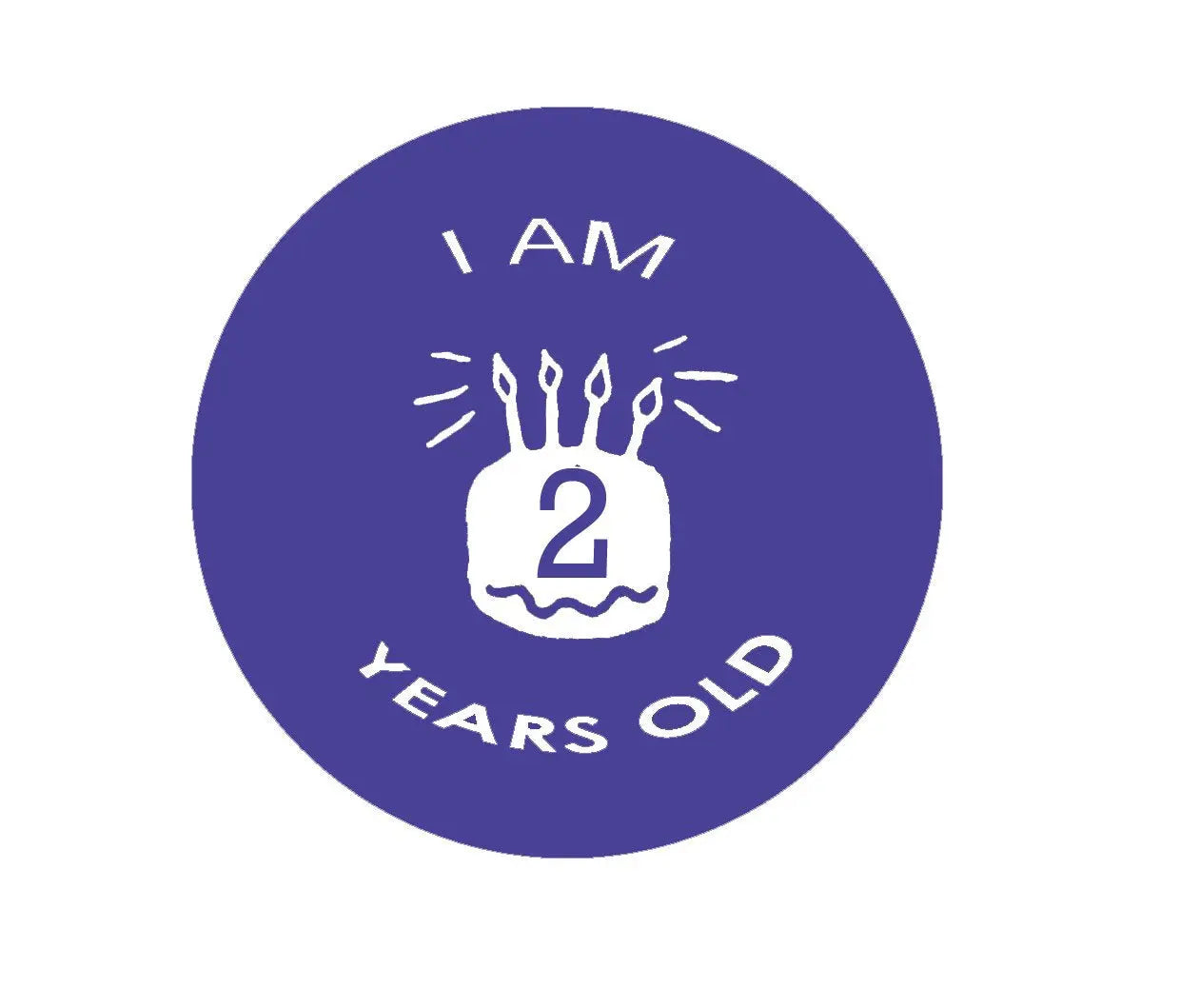 Purple 2.25-inch pinback button: 'I AM 2 YEARS OLD' with handprint and candles