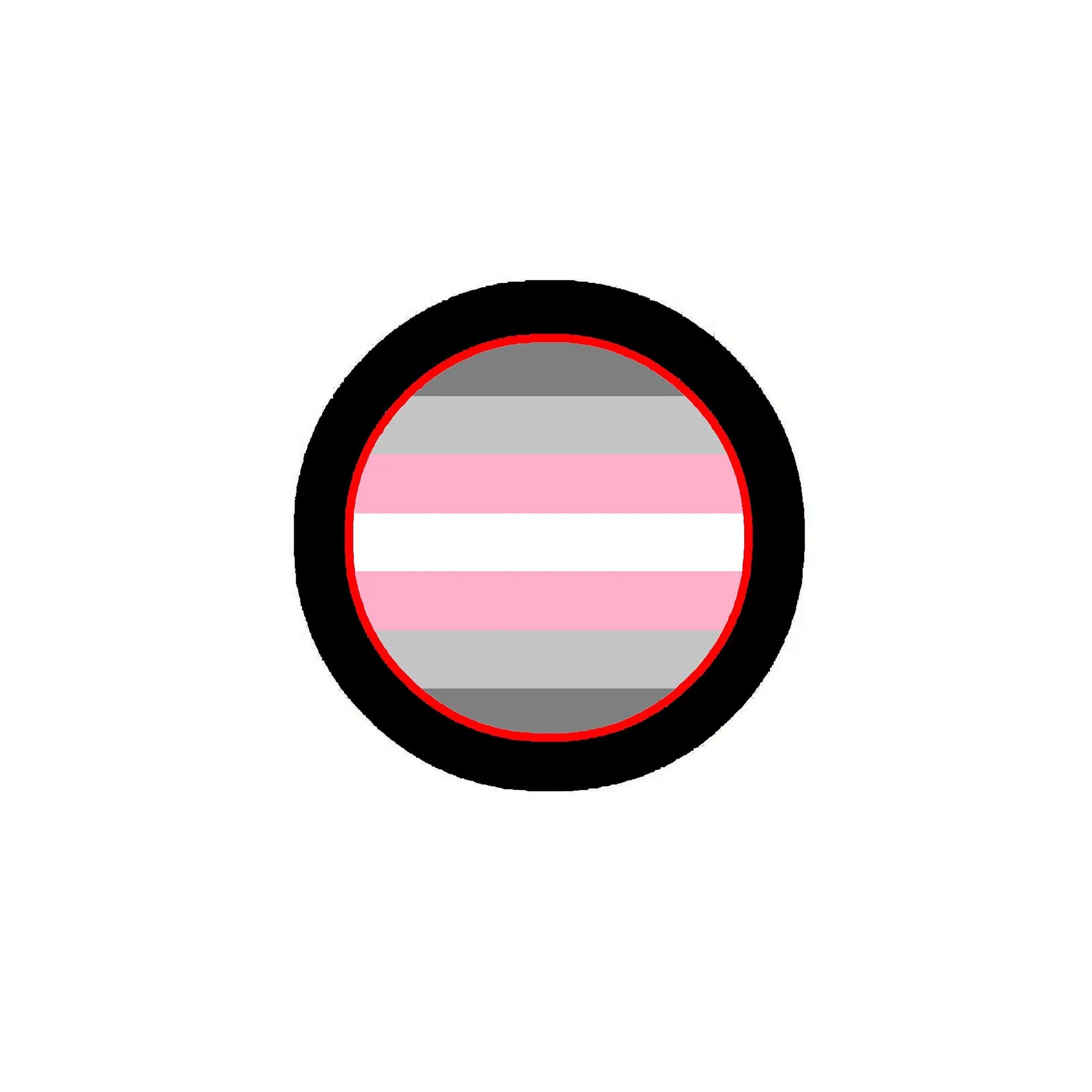 Demigirl pride flag pinback button with black border, pink-white-gray stripes