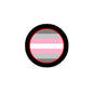 Demigirl pride flag pinback button with black border, pink-white-gray stripes