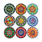 Set of 8 round yoga-themed pinback buttons, colorful mandala and peace symbols