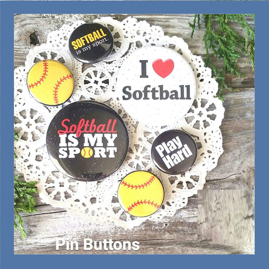 R&G Unlimited - Button Pins 6 Pinback Softball Pins * Buttons Badges Gifts * New in Pkg USA New * DecoWords Pin Badges