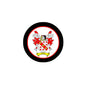 Round pinback badge with black border and red-and-white family crest design