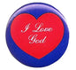 I Love God pinback button, 1.25-inch, red heart with white script on blue backing